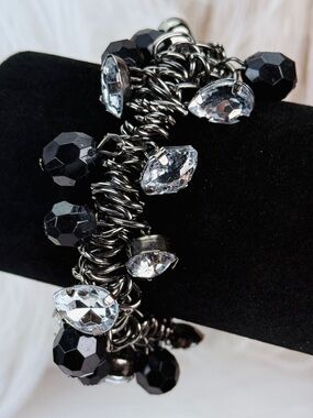 Black Gunmetal and Silvertone Bling Beaded Stretch Bracelet
